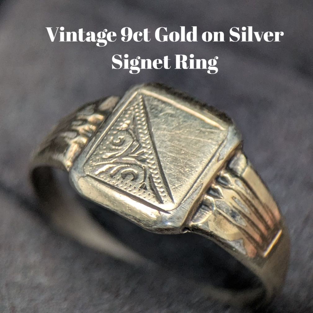 英国 イギリス製 9金 × シルバー コンビ スクエアシグネットリング