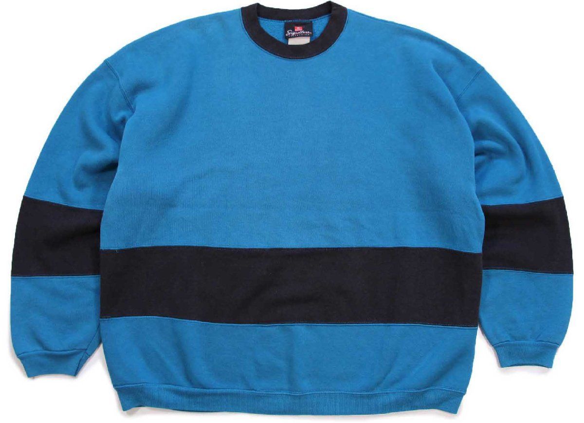 90s USA製 Hanes Signature ツートン 切り替え スウェット 青×黒 XXL 