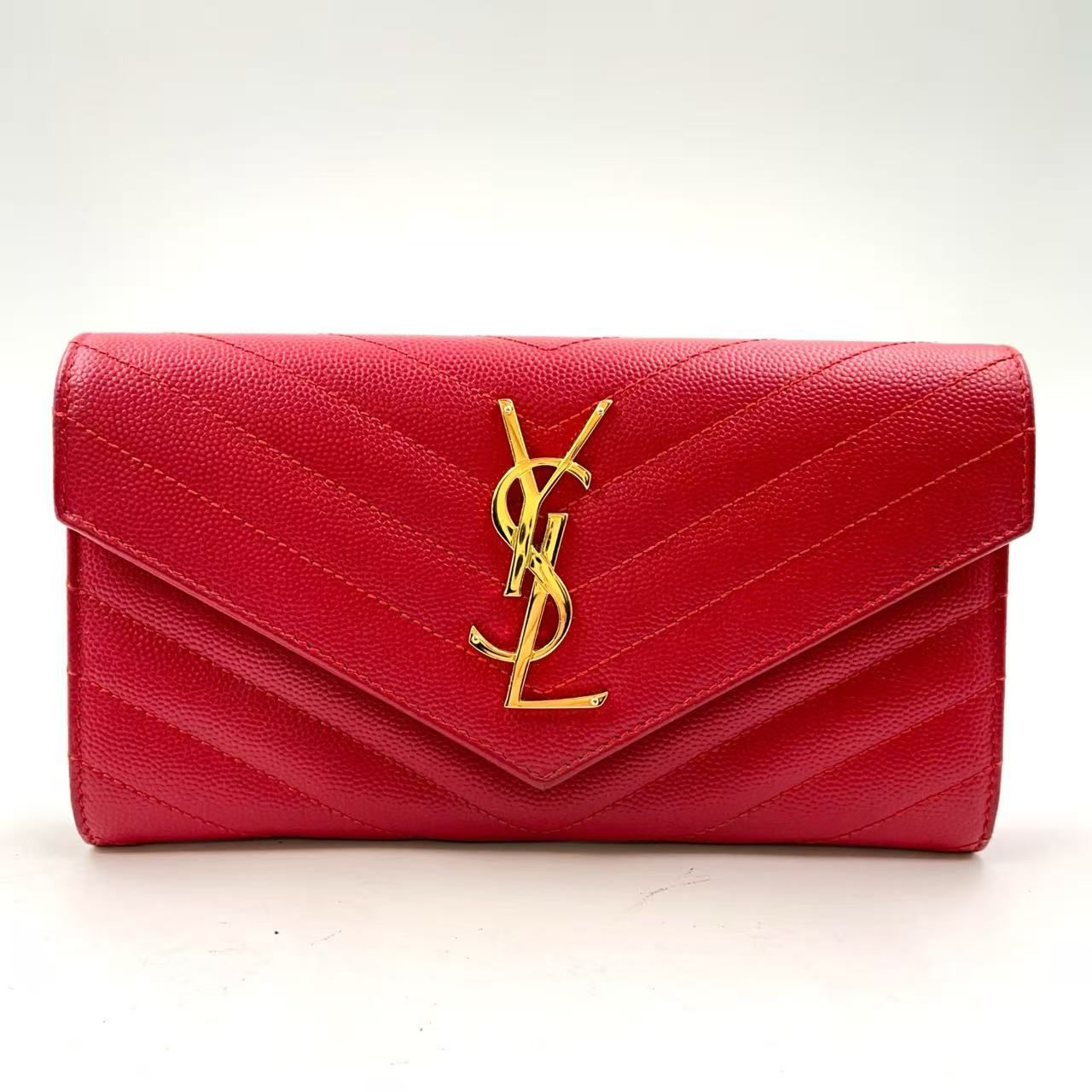 【美品】サンローラン 長財布 レッド フラップ Vステッチ キャビアスキン SAINT LAURENT PARIS YSLロゴ Vステッチ キャビアスキン レザー レッド