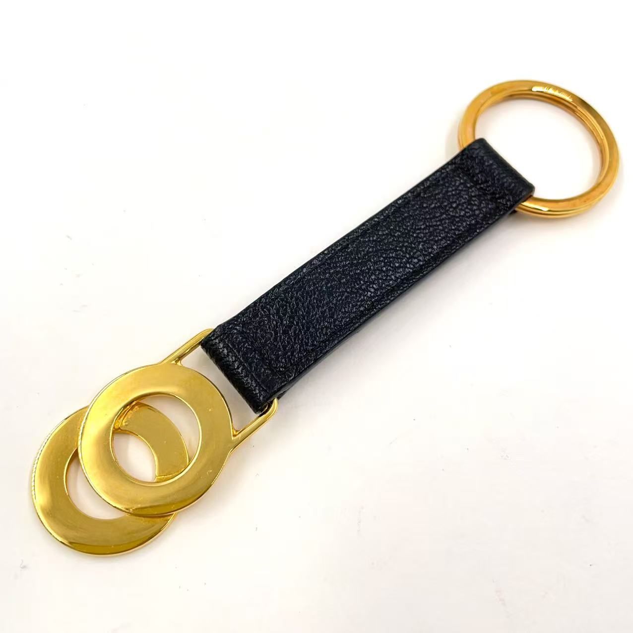 BVLGARI ロゴツインリング レザー×GP ブラック キーリング ゴールド