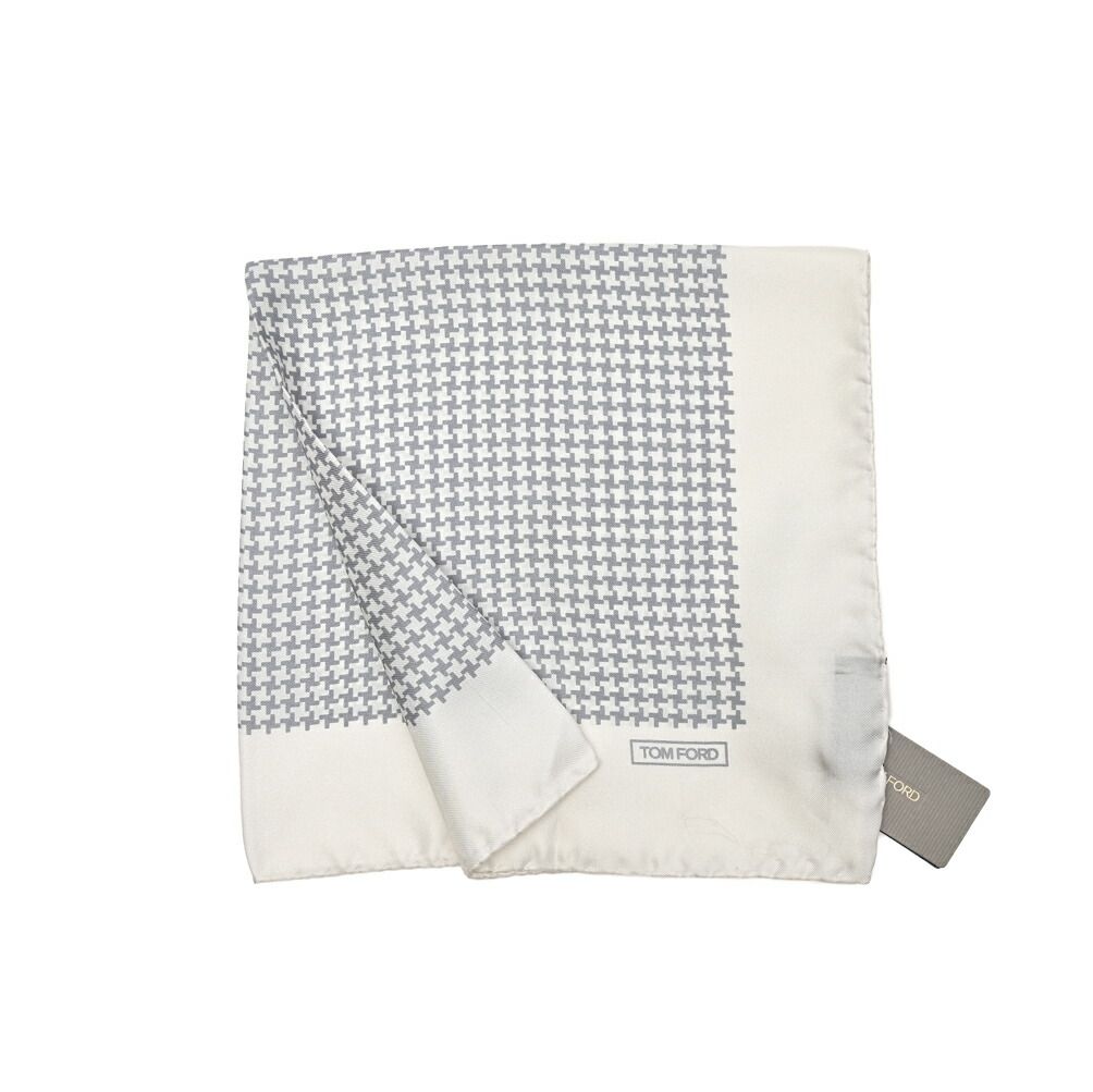 TOM FORD トムフォード / ポケットチーフ シルク 100% 総柄 ホワイト イタリア製 429047