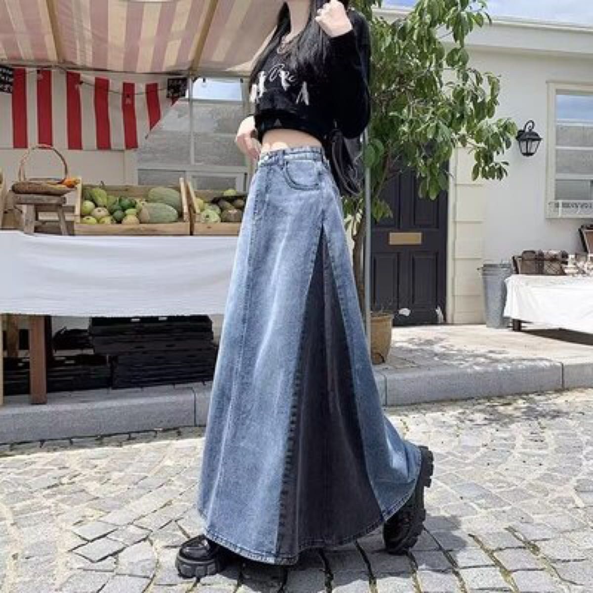 デニム ロングスカート XLサイズ 切り替え 変形 Aライン異素材 韓国