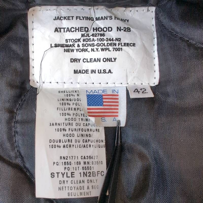 Vtg 90s Spiewak N-2B Flight Jacket USA Made 42 Golden Fleece Black