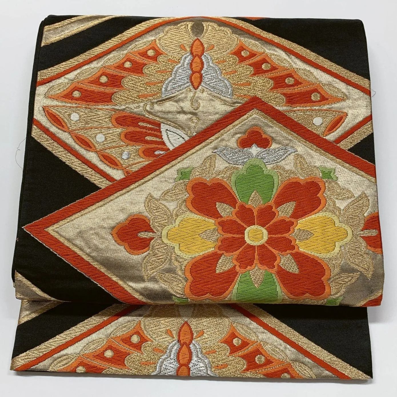 6618］袋帯 舞蝶花菱文様 金銀糸 黒 六通 正絹 着物 フォーマル - メルカリ