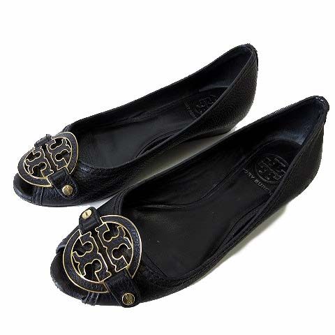 トリーバーチ TORY BURCH パンプス ロゴ メタルチャーム オープントゥ 本革 レザー 5 M 黒 ブラック 22.5cm くつ 靴 シューズ