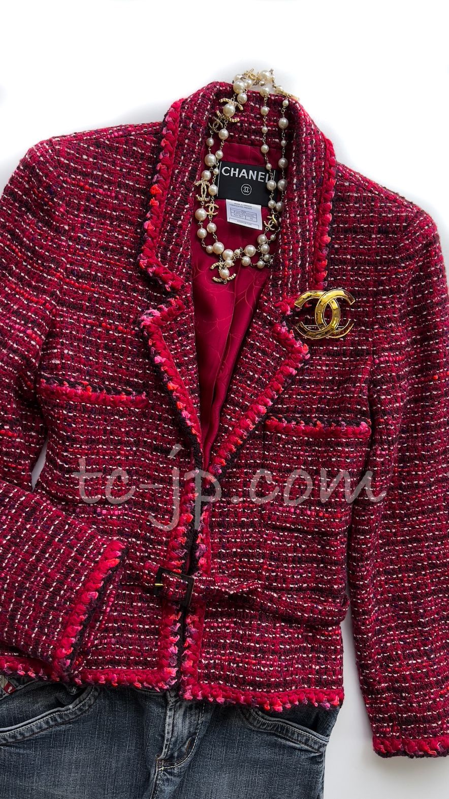 シャネル ジャケット CHANEL 47万 レッド ピンク ウール ツイード