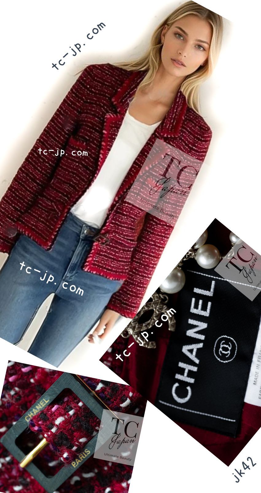 シャネル ジャケット CHANEL 47万 レッド ピンク ウール ツイード