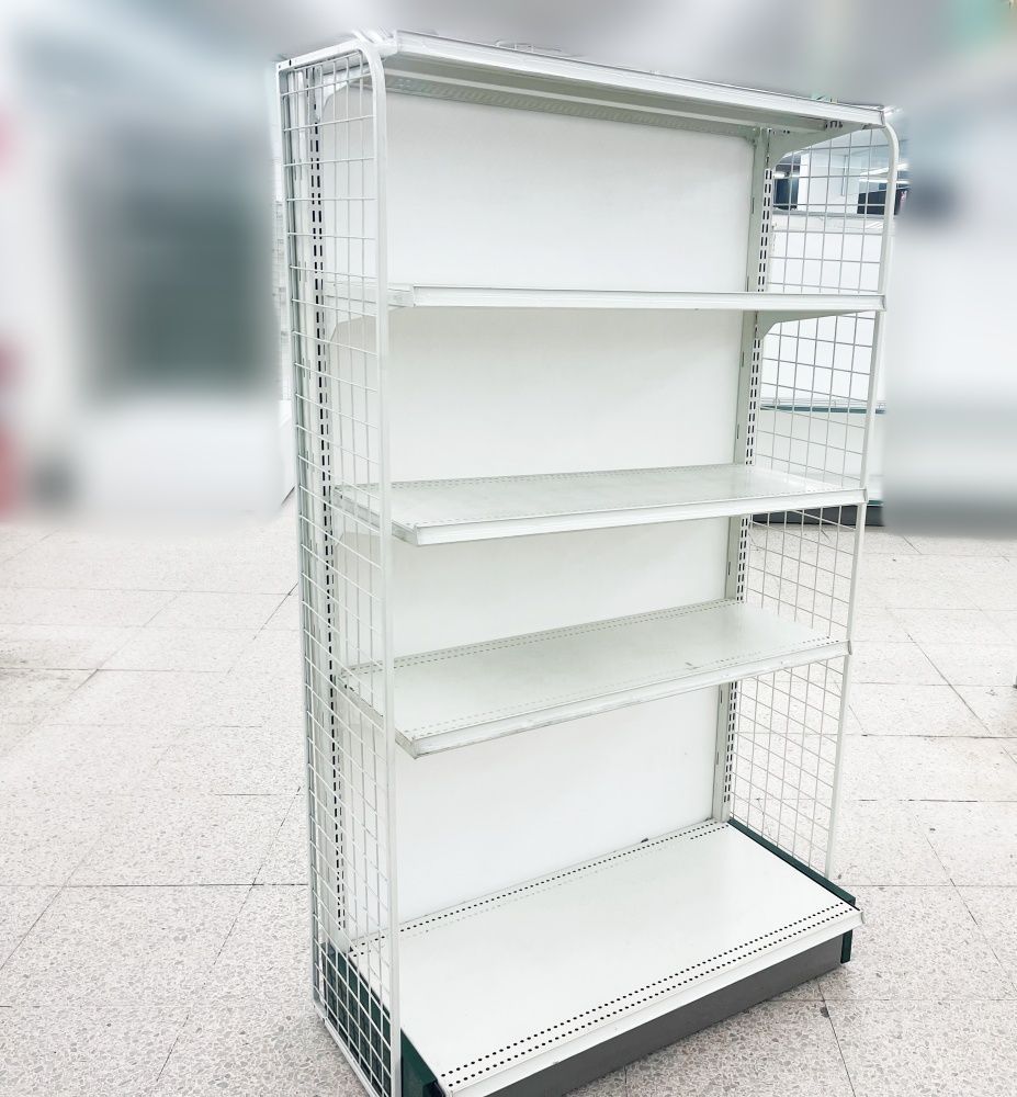 スチール製　4段　オカムラ製◆背面片面システム什器陳列棚 ◆幅970㎜高1200㎜ D570㎜  ドラックストアコンビニ等 オカムラ製 H165cm×W90cm 単体片面4段エンド什器□サイドネット付き