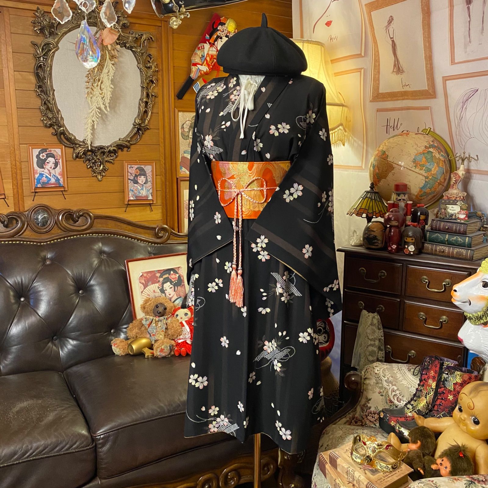 着物リメイク ワンピース／ドレス／洗える化繊 名古屋帯サッシュベルト