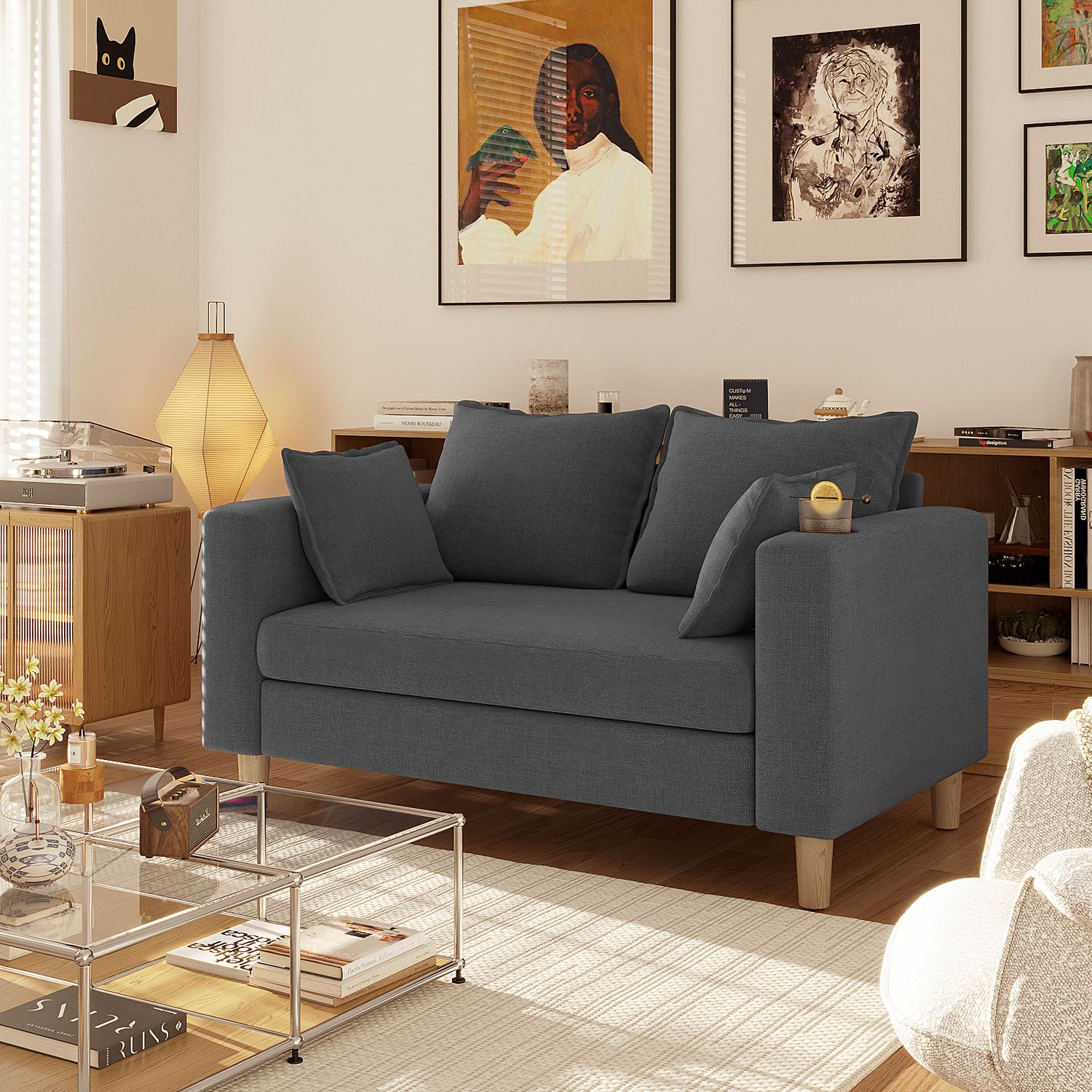 二人掛け 収納ソファー 多機能アームレスト（カップホルダー付） 幅