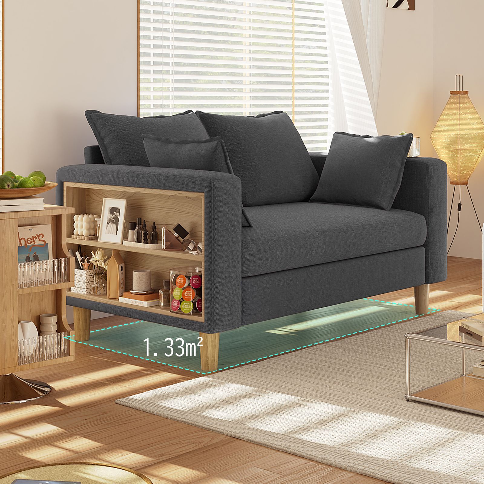 二人掛け 収納ソファー 多機能アームレスト（カップホルダー付） 幅