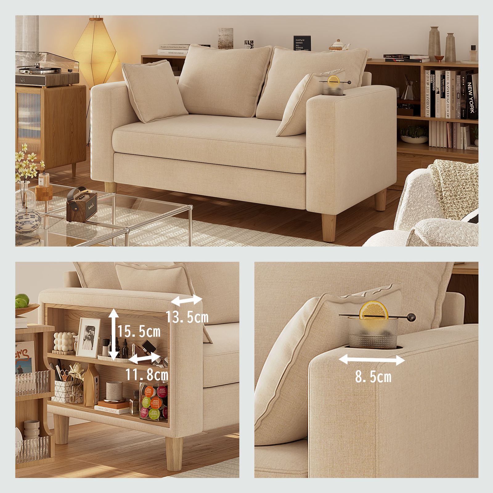 二人掛け 収納ソファー 多機能アームレスト（カップホルダー付） 幅