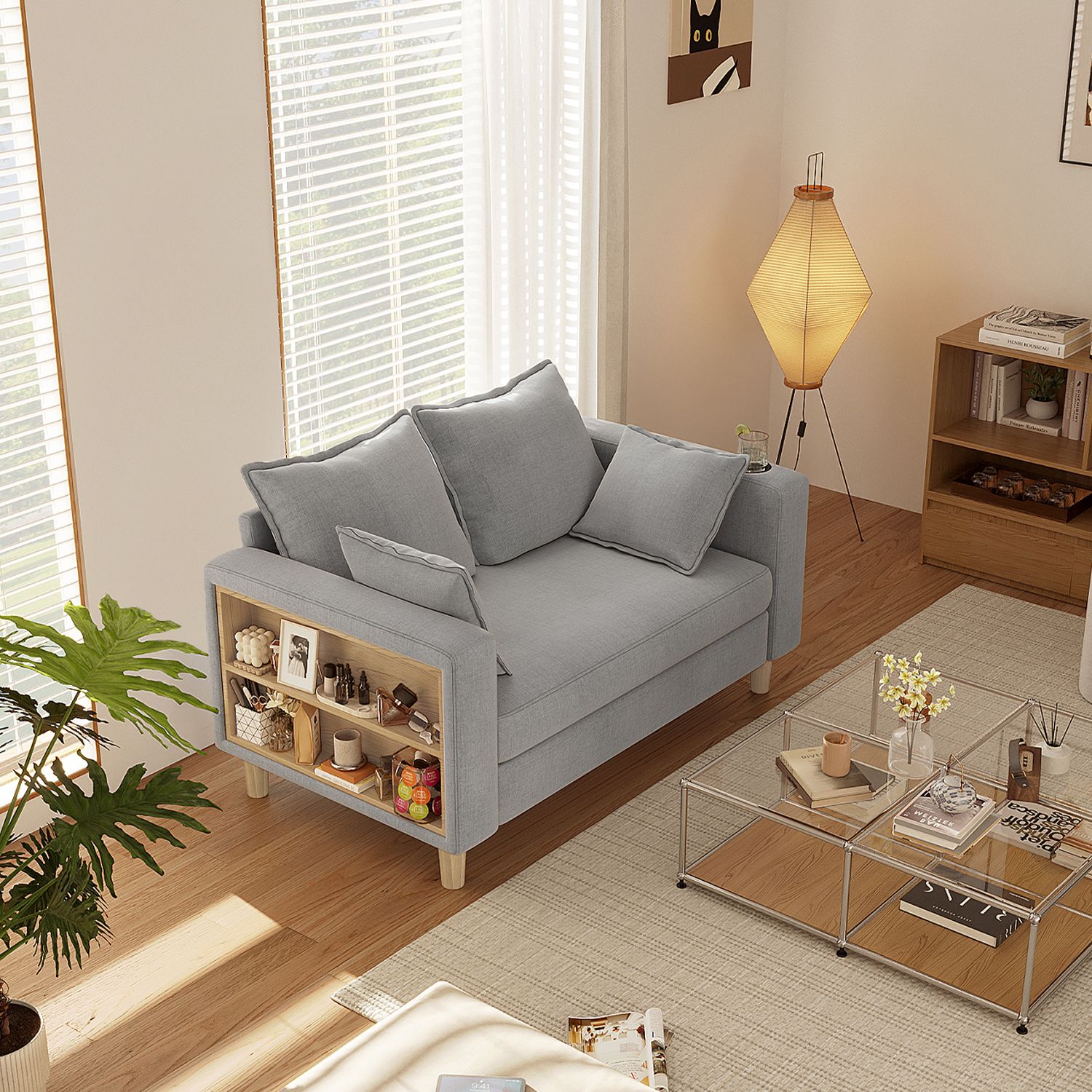 二人掛け 収納ソファー 多機能アームレスト（カップホルダー付） 幅