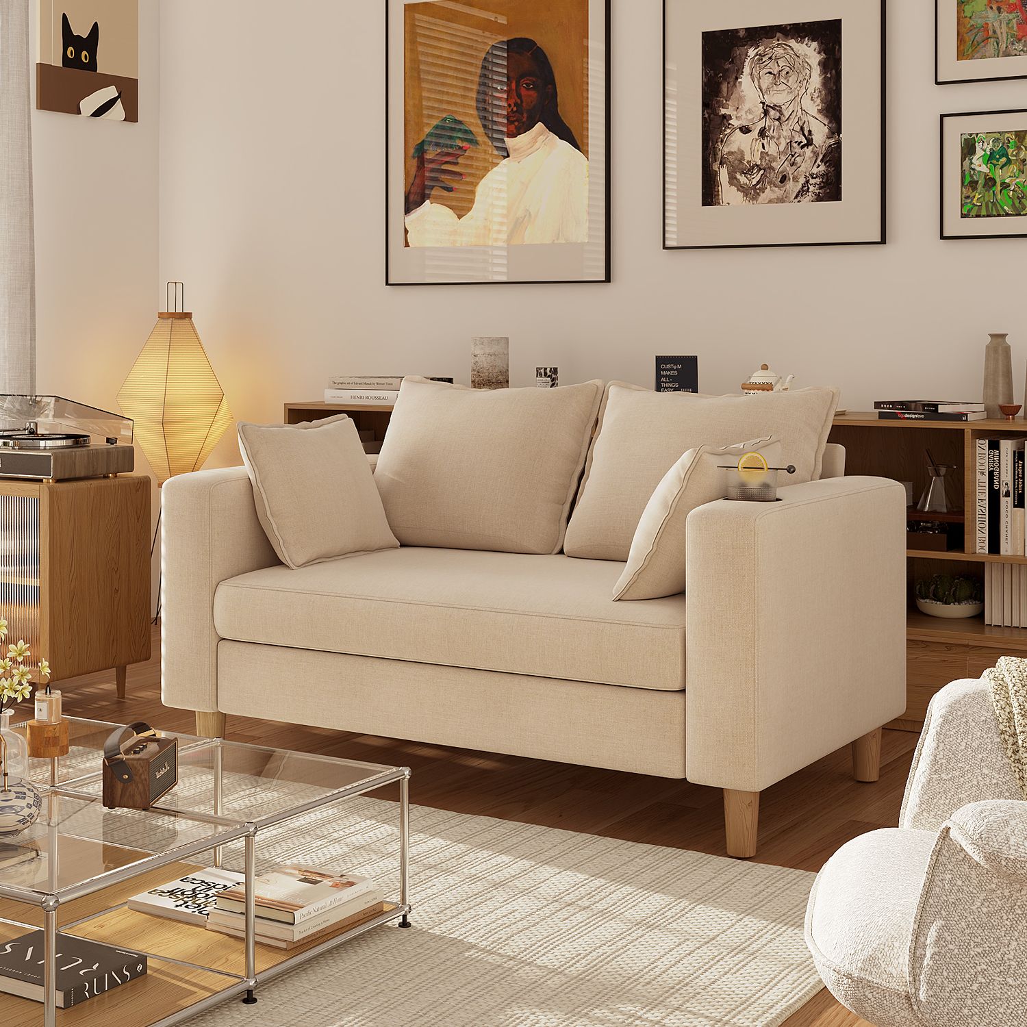 二人掛け 収納ソファー 多機能アームレスト（カップホルダー付） 幅