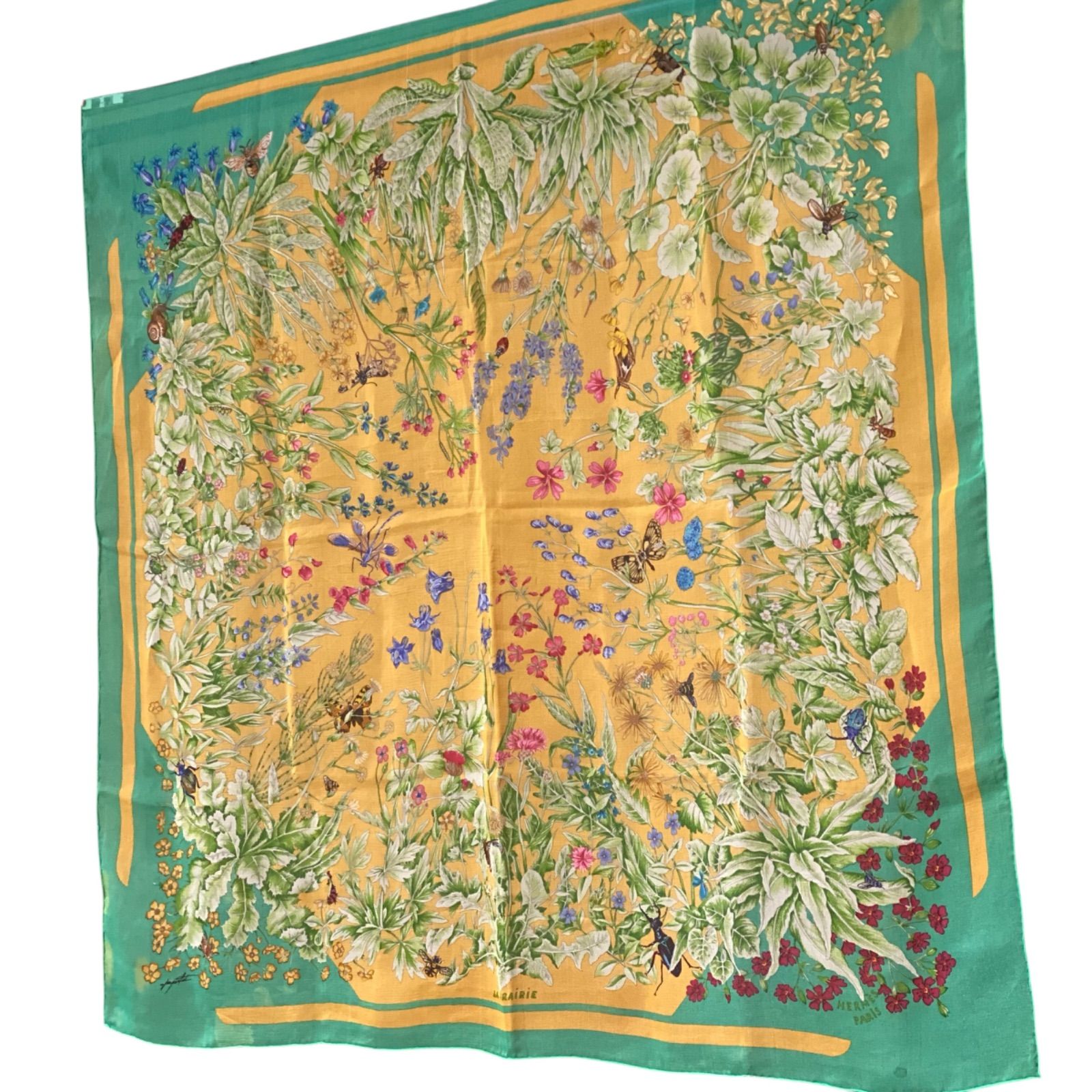 エルメス カレ90 LA PRAIRIE シルクスカーフ 草原 グリーン シースルー