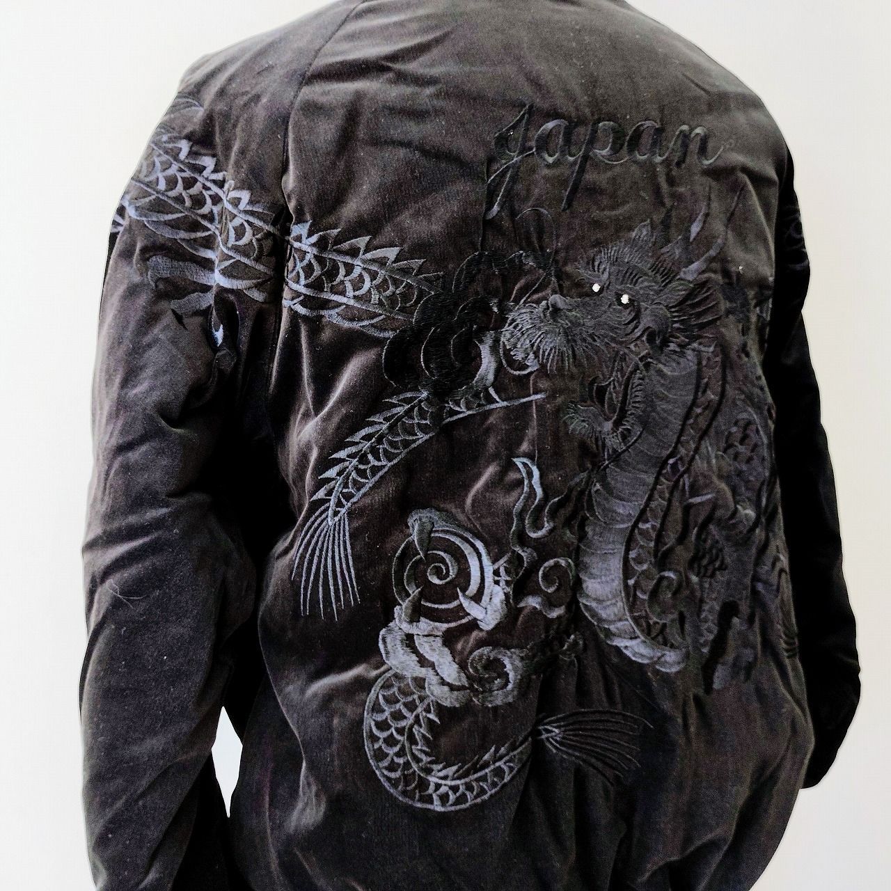 別珍 双竜刺繍 スカジャン 黒×黒 3L Embroidered jumper (SUKAJYAN