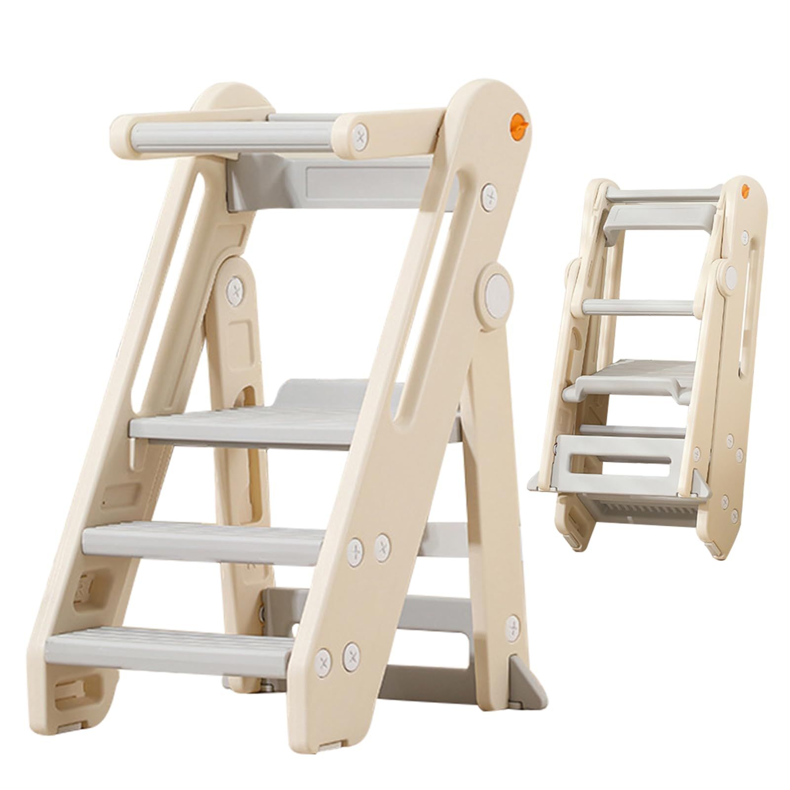 新品 踏み台 折りたたみ式 キッズステップ 学習タワー キッチン 洗面所 3段階調節可能 安全手すり付き 83×54×52cm グレー/ベージュ (ベージュ)