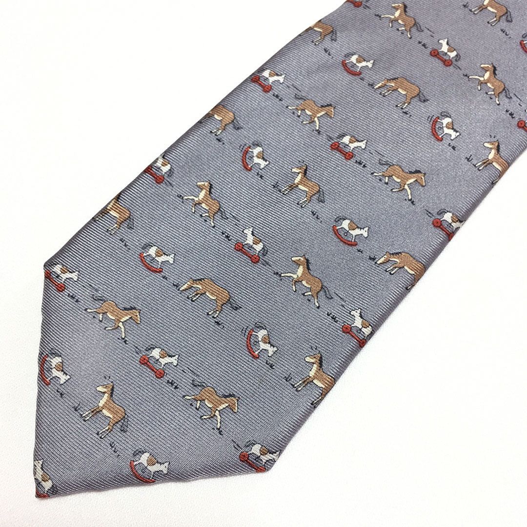 未使用級 エルメス HERMES ネクタイ シルク100% グレー アニマル柄