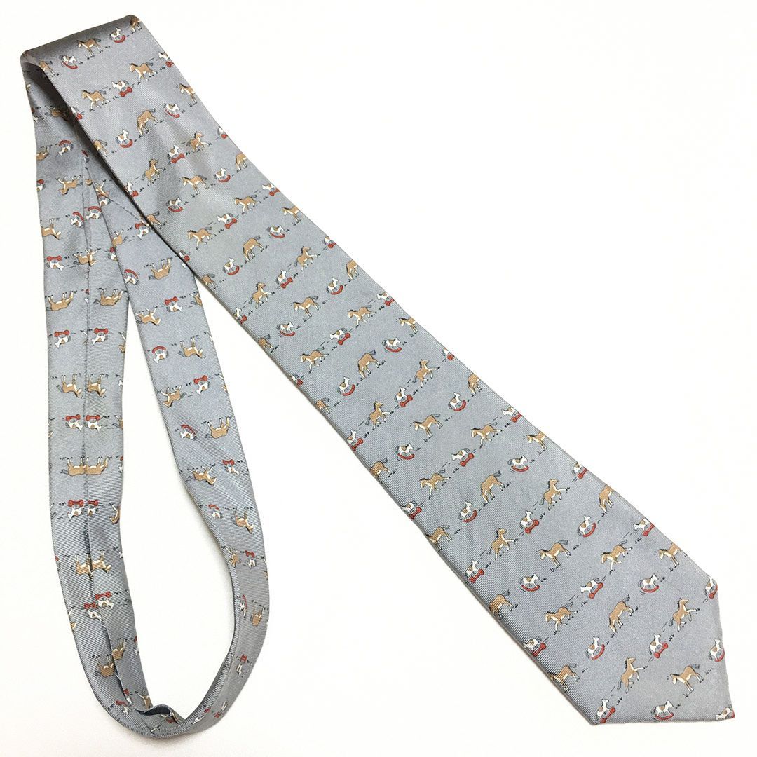 未使用級 エルメス HERMES ネクタイ シルク100% グレー アニマル柄