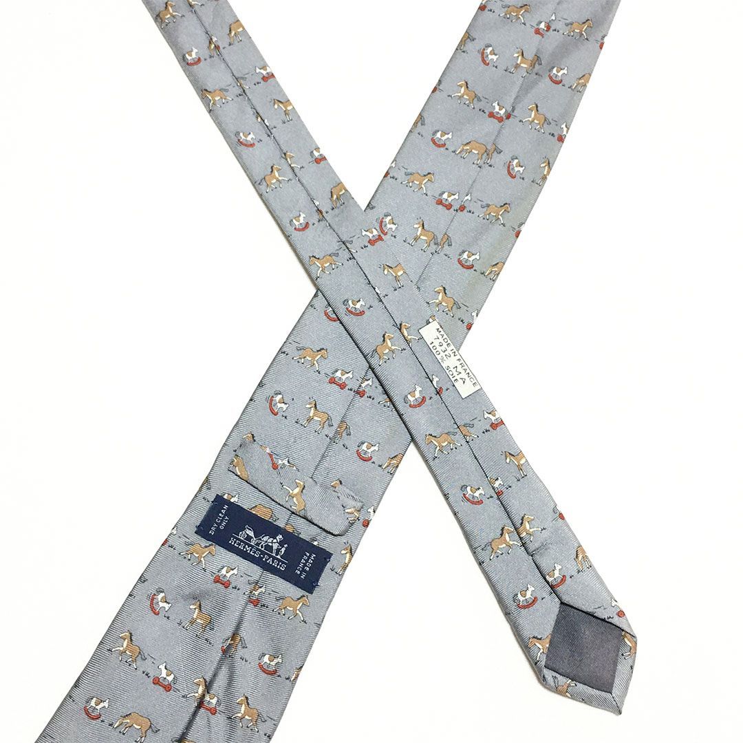 未使用級 エルメス HERMES ネクタイ シルク100% グレー アニマル柄