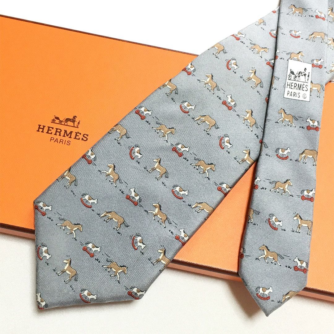 未使用級 エルメス HERMES ネクタイ シルク100% グレー アニマル柄