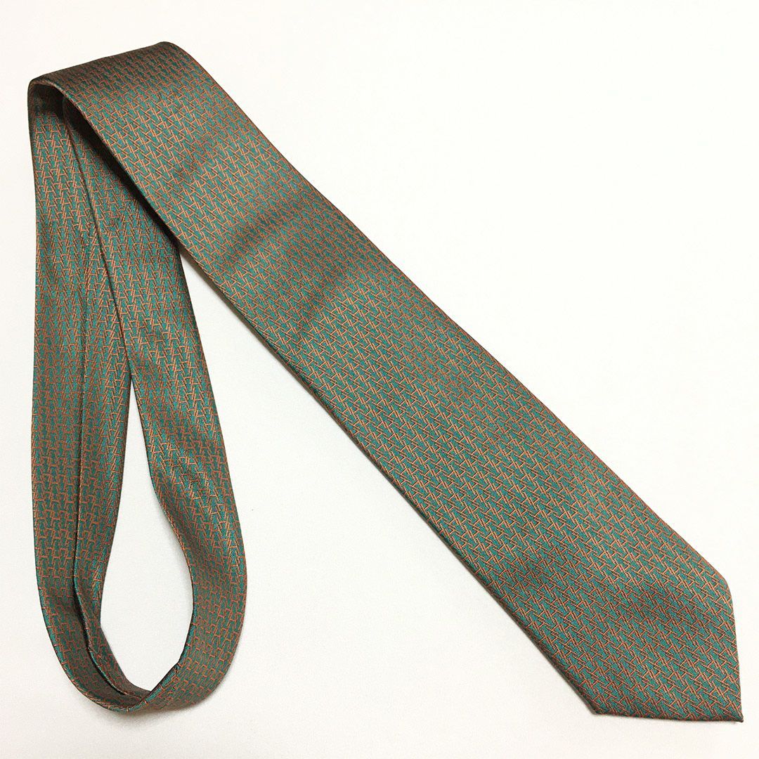 未使用級 エルメス HERMES ネクタイ シルク100% グリーン / オレンジ H