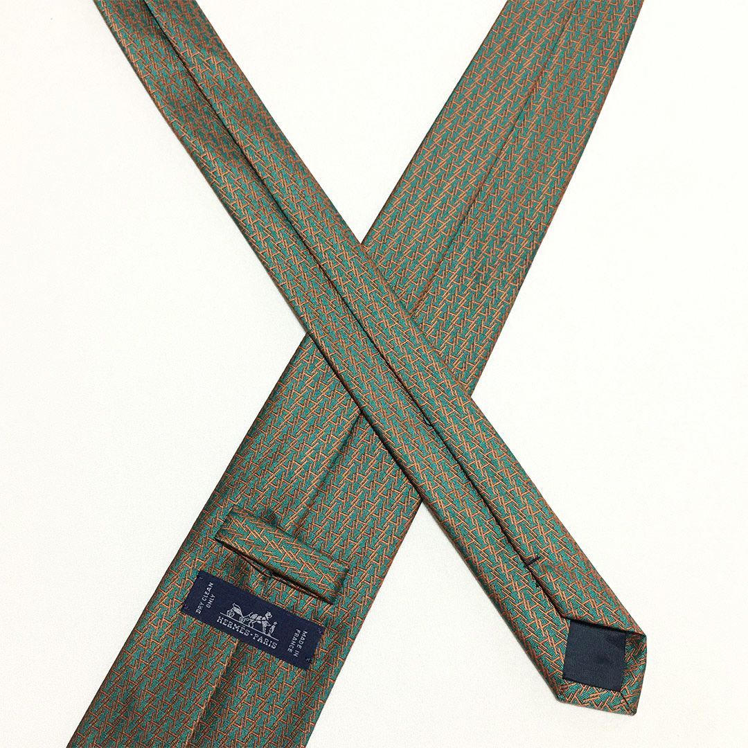 未使用級 エルメス HERMES ネクタイ シルク100% グリーン / オレンジ H