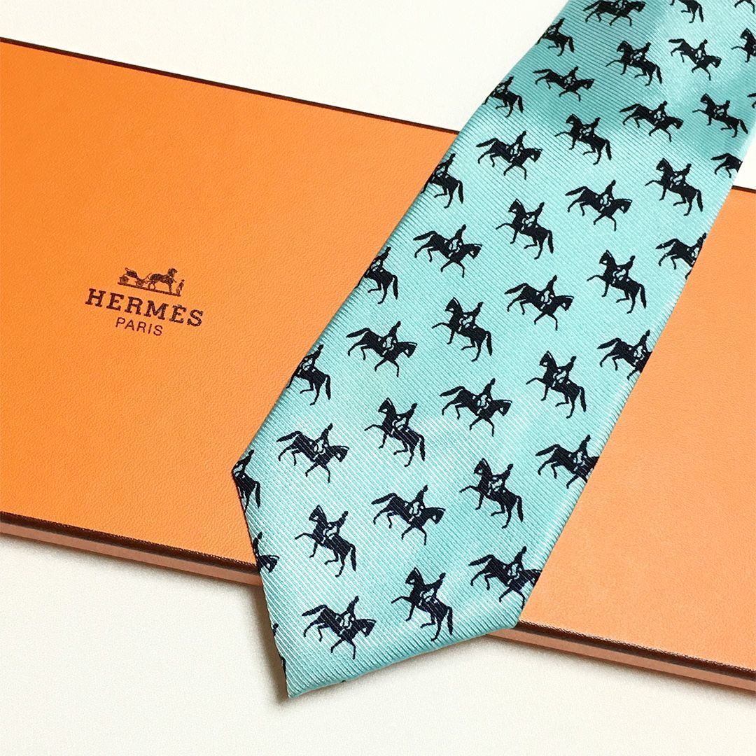 未使用級 エルメス HERMES ネクタイ シルク100% ライトブルー アニマル