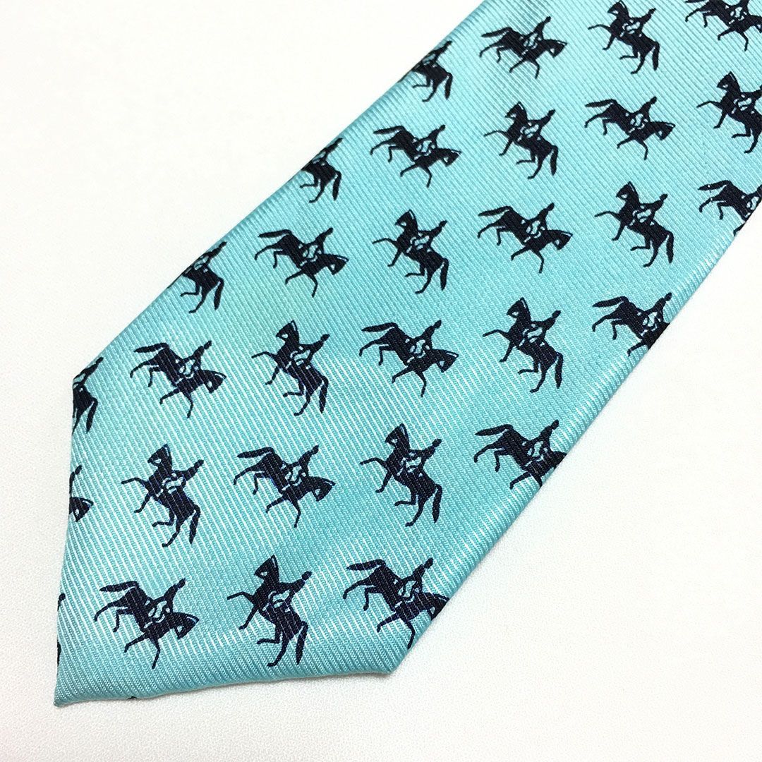 未使用級 エルメス HERMES ネクタイ シルク100% ライトブルー アニマル