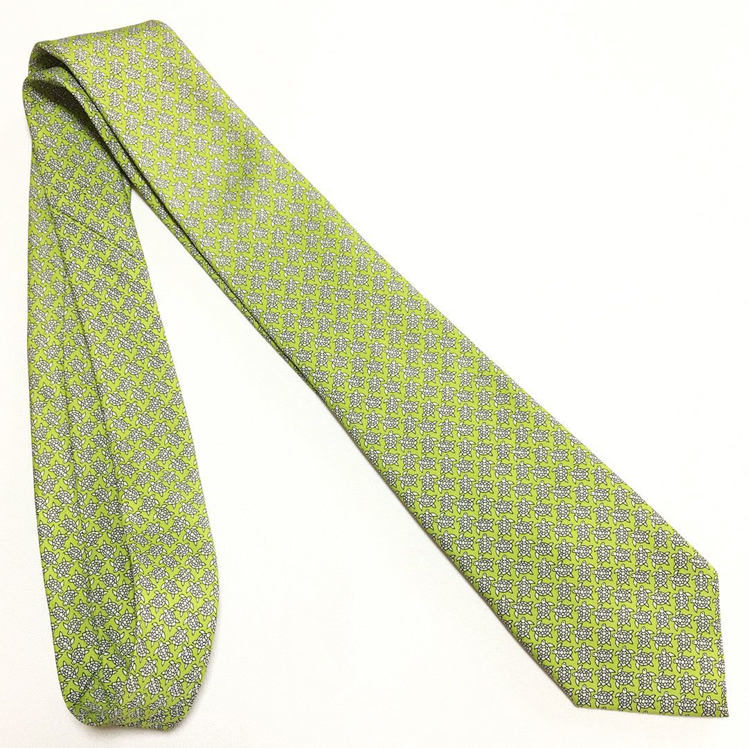 未使用】HERMES ネクタイ H柄 シルク100% ネイビー グリーン 未使用級