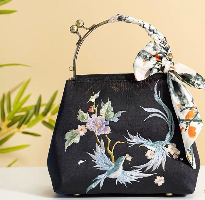 黒色 刺繍バッグ 和装バッグ 利休バッグ 礼装バッグ 着物バッグ トート