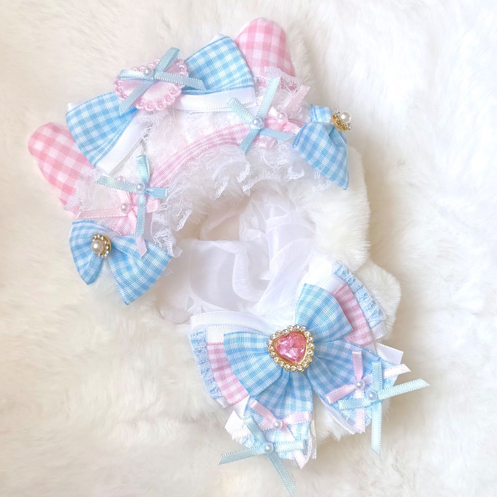 10cm～12cm用 ぬい服 ハンドメイド いつぬい 水色×ピンク ねこみみ