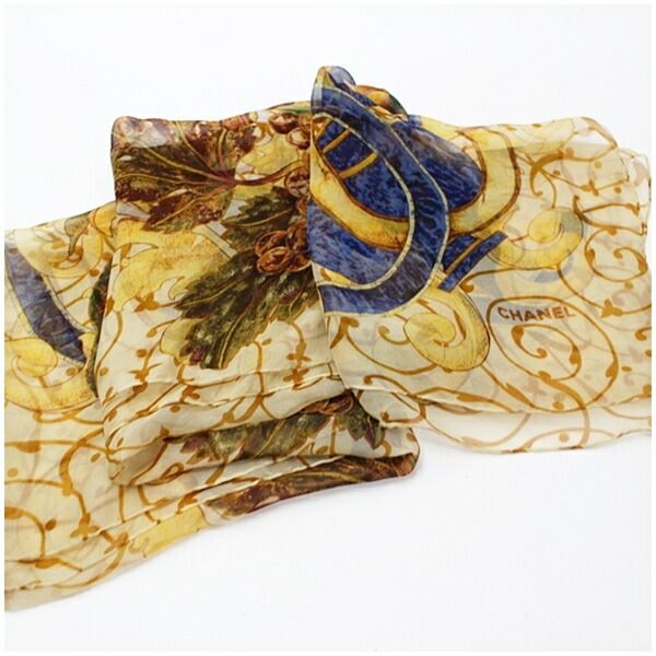 シャネル シルク スカーフ ベージュ イエロー 花柄 中古 Aランク