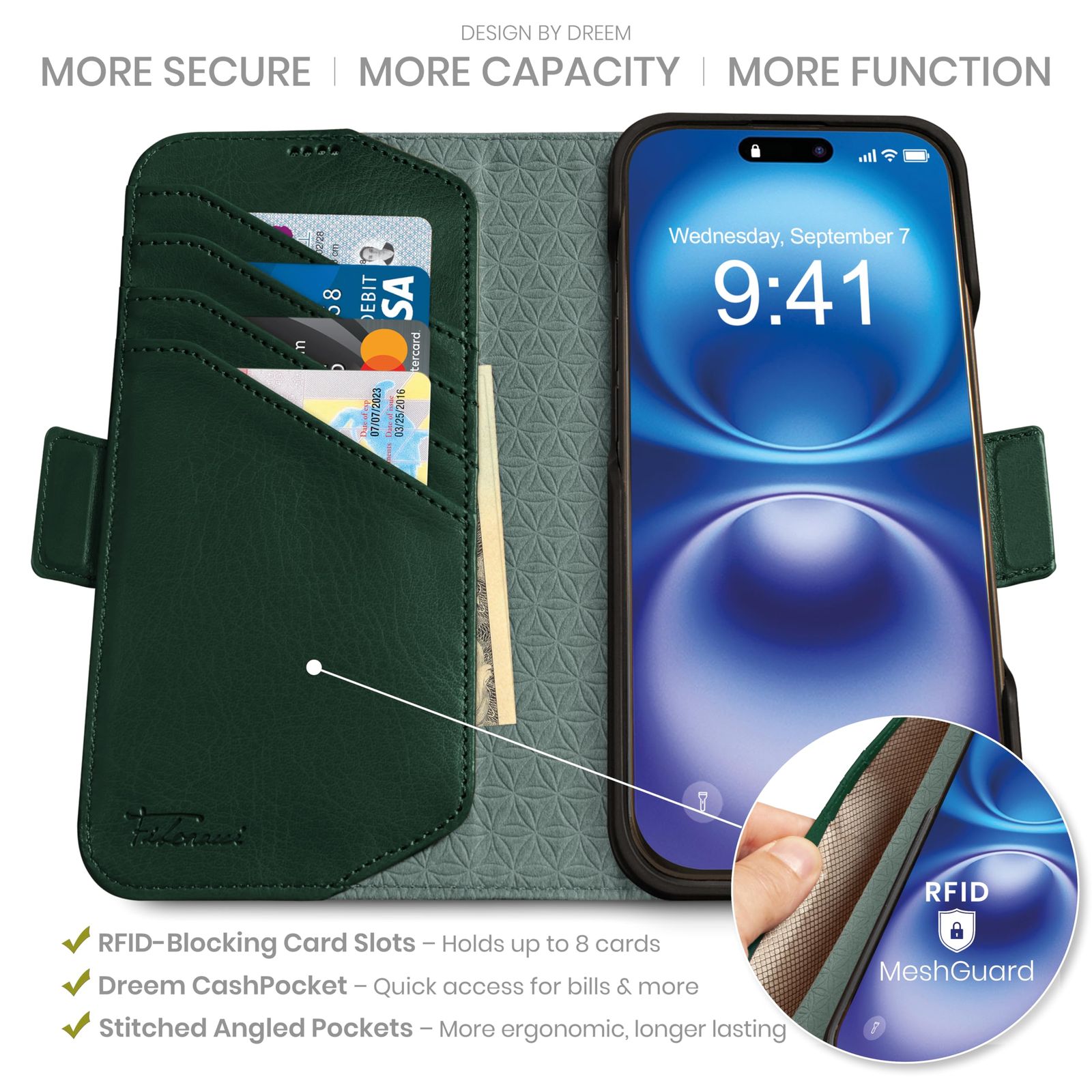 Dreem フィボナッチ iPhone 14 Pro Max用 グリーン 新品 Dreem フィボナッチ（Fibonacci）2イン1 財布型ケース Apple
