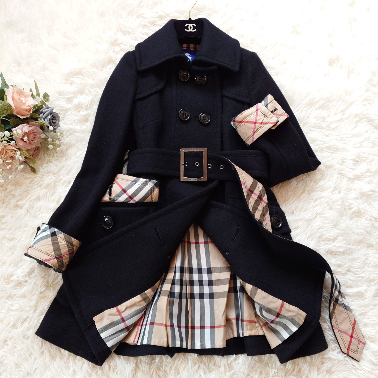 BURBERRY バーバリーブルーレーベル ファー付ぺプラムコート　チェック BURBERRY BLUE LABEL（バーバリーブルーレーベル） 美品△BURBERRY