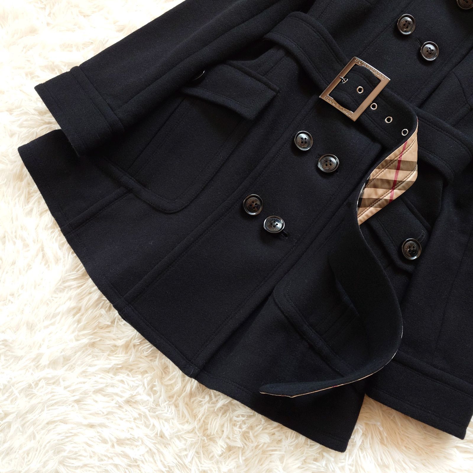 バーバリーブルーレーベル　ウールコート　チェック　Aライン　ビッグボタン バーバリーブルーレーベル ウールコート チェック Aライン ビッグ