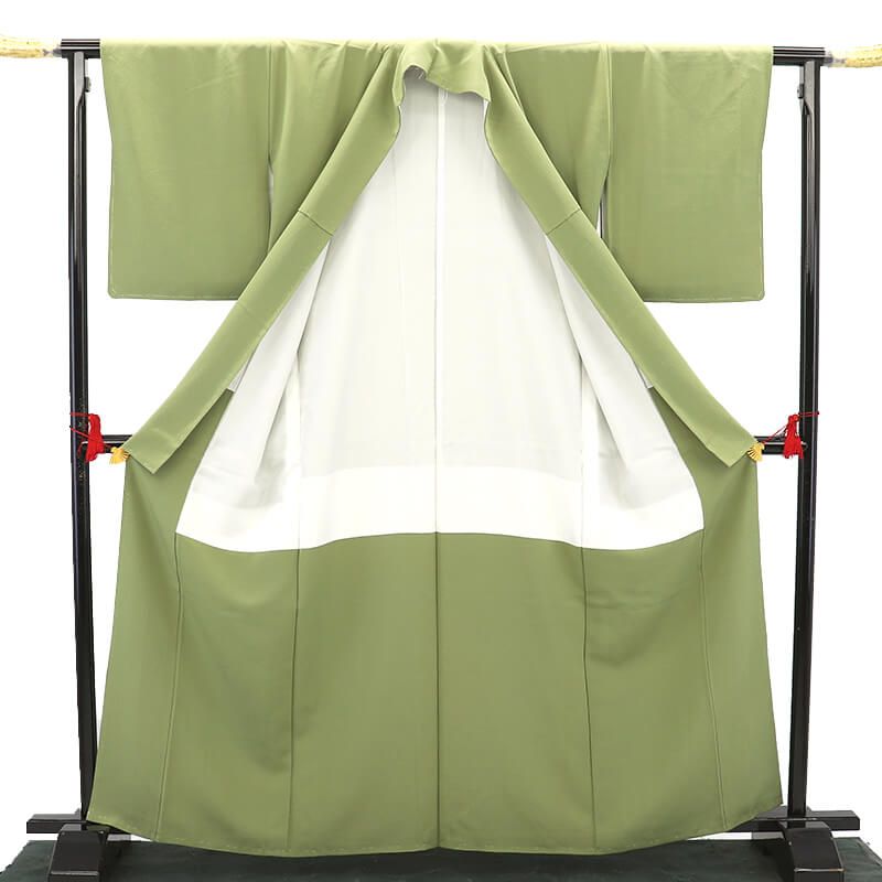 色無地 無地着物 一つ紋 しつけ糸 袷 レディース 正絹 抹茶色 無地 丸