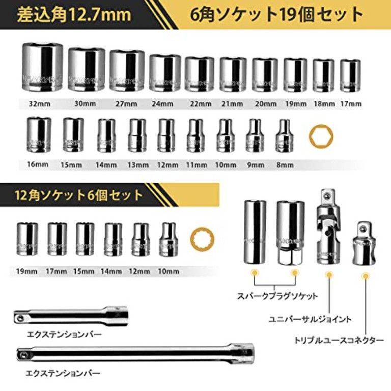 【充実の32点セット】ソケットレンチセット 12.7mm クイックリリースラチェットハンドル付き バイク/自動車メンテナンス DIY工具 鉄製ケース入り 自動車整備士/DIY好きに