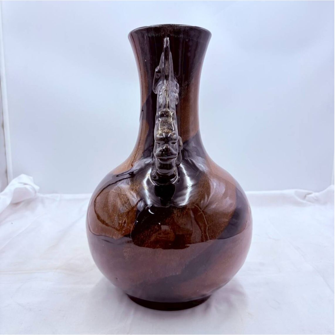 双龍耳 壺 花器 飾り壺 茶褐色釉 陶磁器 置物 中国風 意匠 現状品