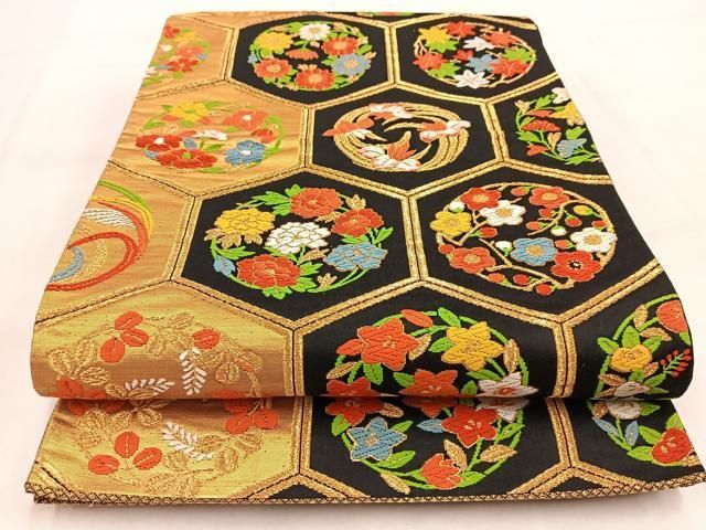 平和屋着物◎六通柄袋帯　唐織　亀甲花丸文　黒地　金糸　正絹　逸品　BAAW2126yc