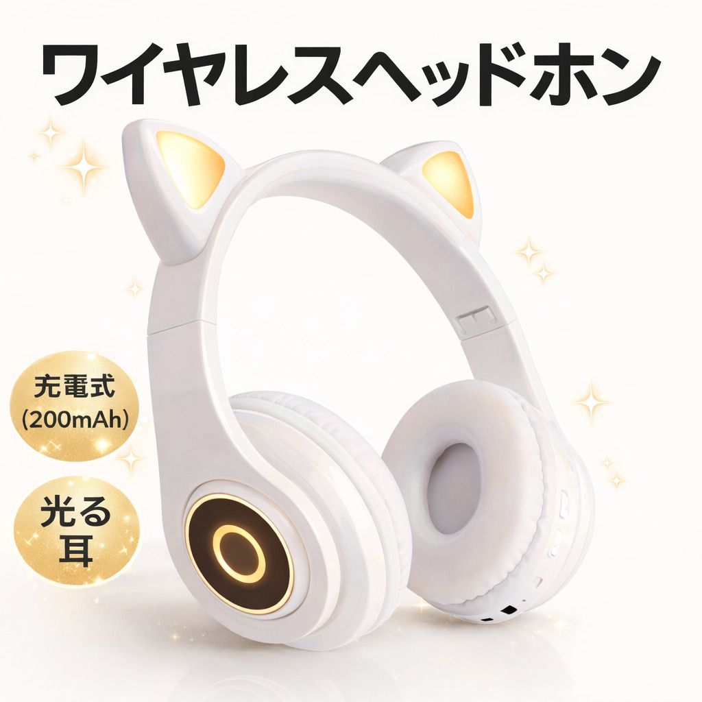 ワイヤレスヘッドホン 猫耳 光る耳 Bluetooth ホワイト 白 充電式