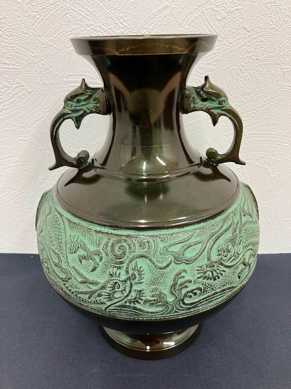 迫力の立体感】龍仙作 青銅製 花瓶 「龍耳雲龍紋」 ドラゴン 銅器 置物