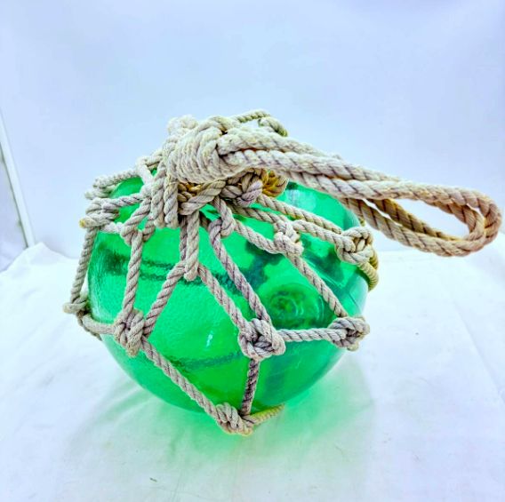 昭和レトロ ガラス浮き玉 約30cm グリーン 網付き 漁具 ビン玉