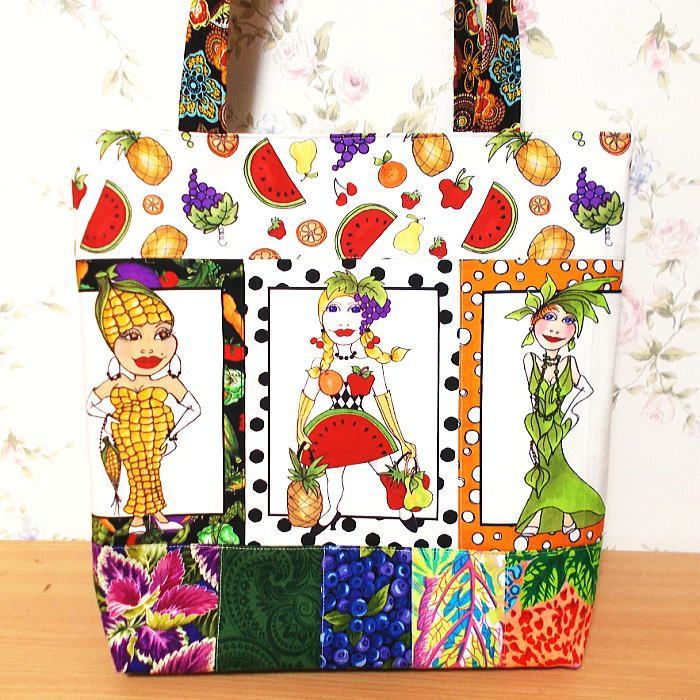 大きめトートバッグ ロラライハリス フルーツ＆ベジタブルレディ 野菜