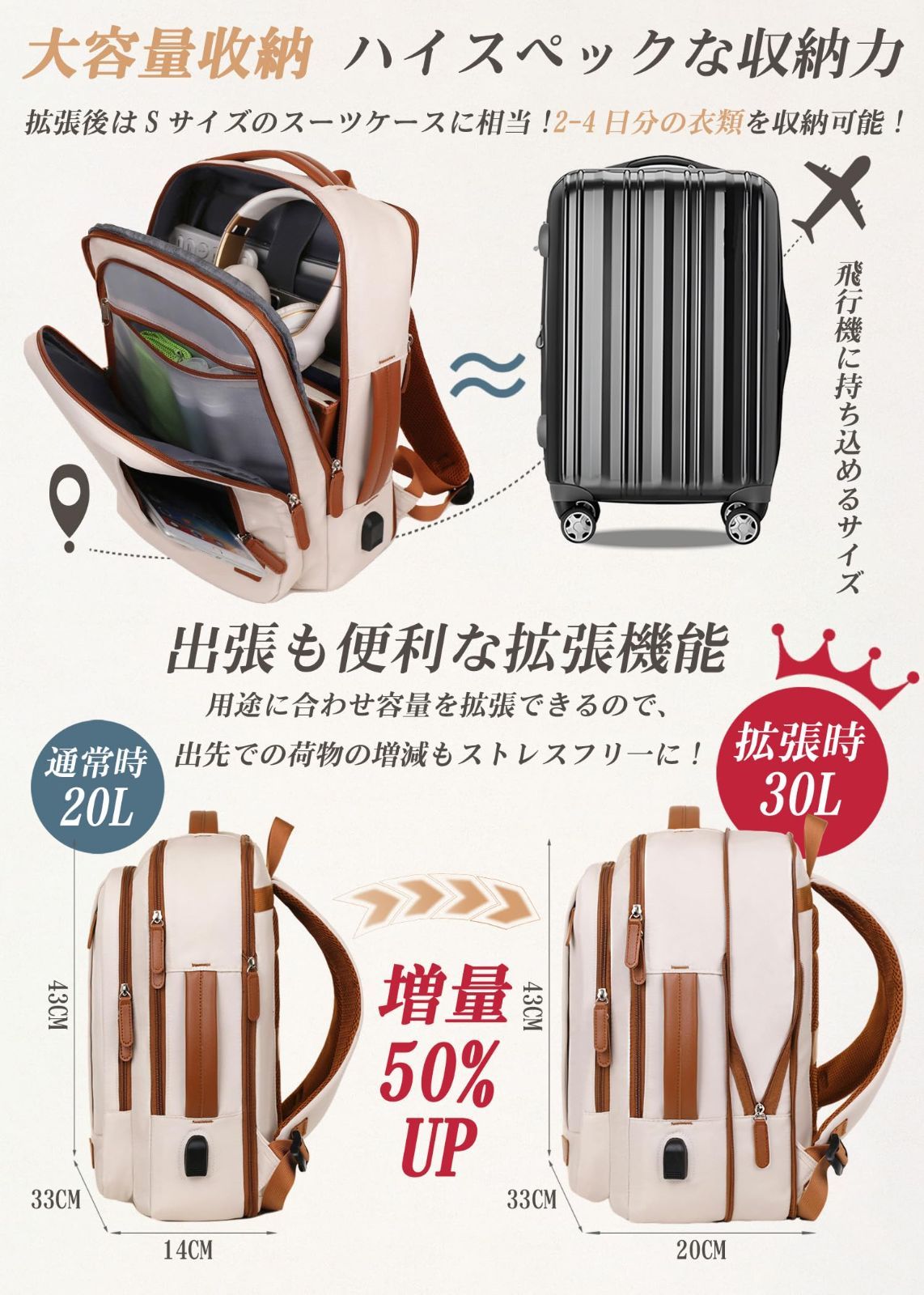 バッグ 【特価商品】バックパック 旅行バッグ 多機能 15.6インチ １つ4役 PC 4WAY 機内持ち込み リュックサック 拡張 撥水加工 レディース 通勤 ビジネスリュック 出張 大容量 通学 30L 乾湿分離ポケット リュック USB充電ポート [VENDAGO