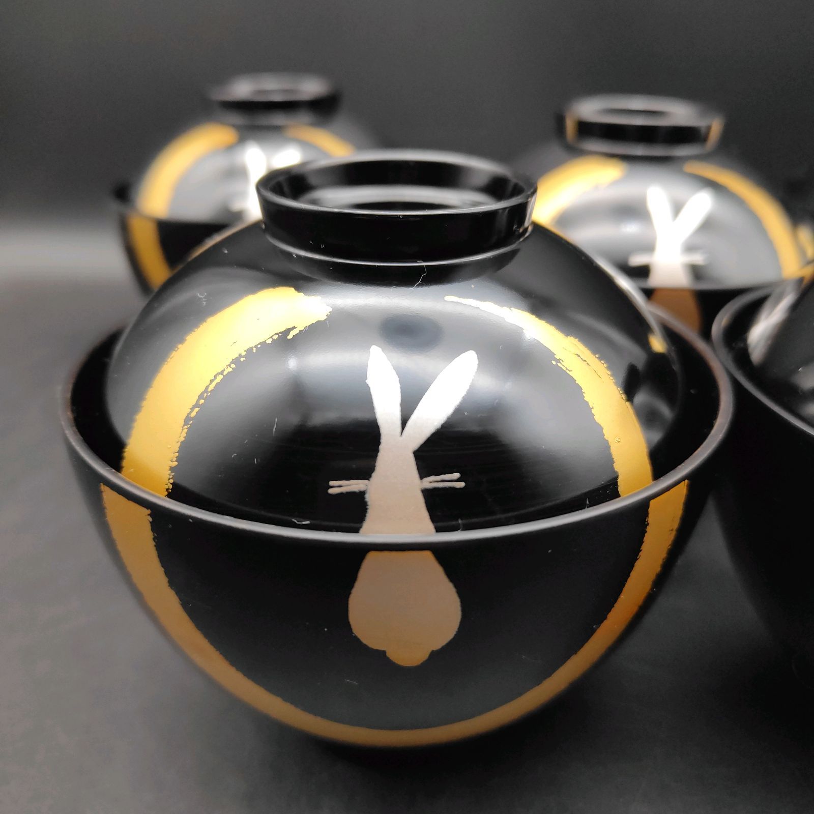 会津塗 坂本乙造 作 月うさぎ 吸物椀 蓋付椀 箱無し ゴールド盆無し