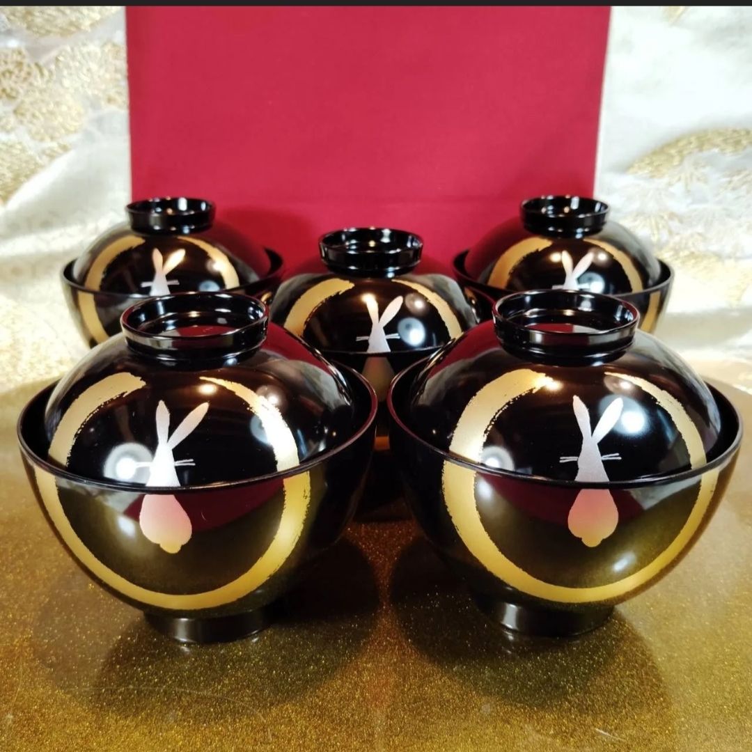 会津塗 坂本乙造 作 月うさぎ 吸物椀 蓋付椀 箱無し ゴールド盆無し