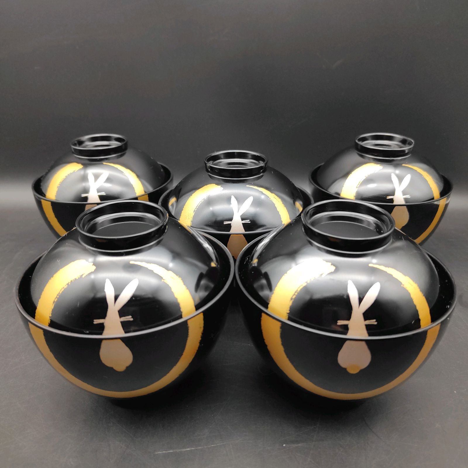 会津塗 坂本乙造 作 月うさぎ 吸物椀 蓋付椀 箱無し ゴールド盆無し