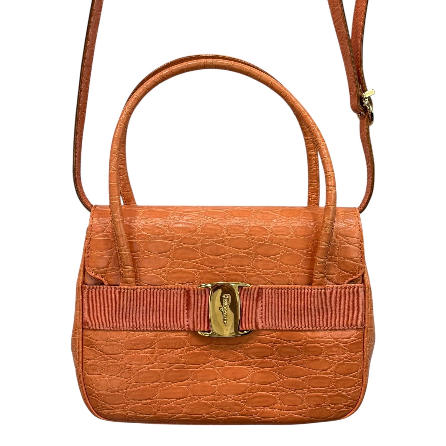 サルヴァトーレ・フェラガモ　ヴァラ　ヴィンテージ　クロコダイル風型押しバッグ サルヴァトーレ・フェラガモ ヴァラ ヴィンテージ クロコダイル風型