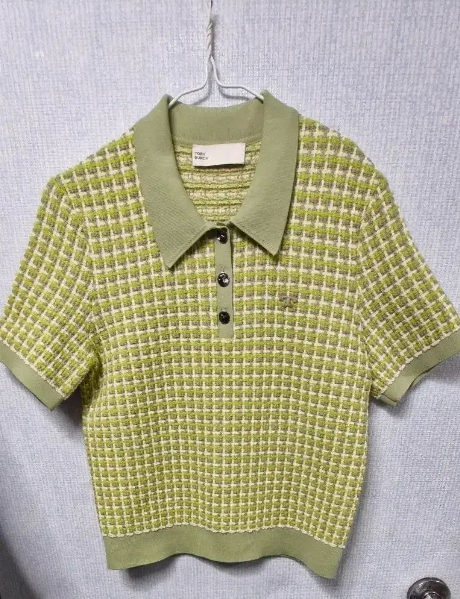 トリーバーチ グリーン CHECK 半袖 ニット ポロTシャツ M/95